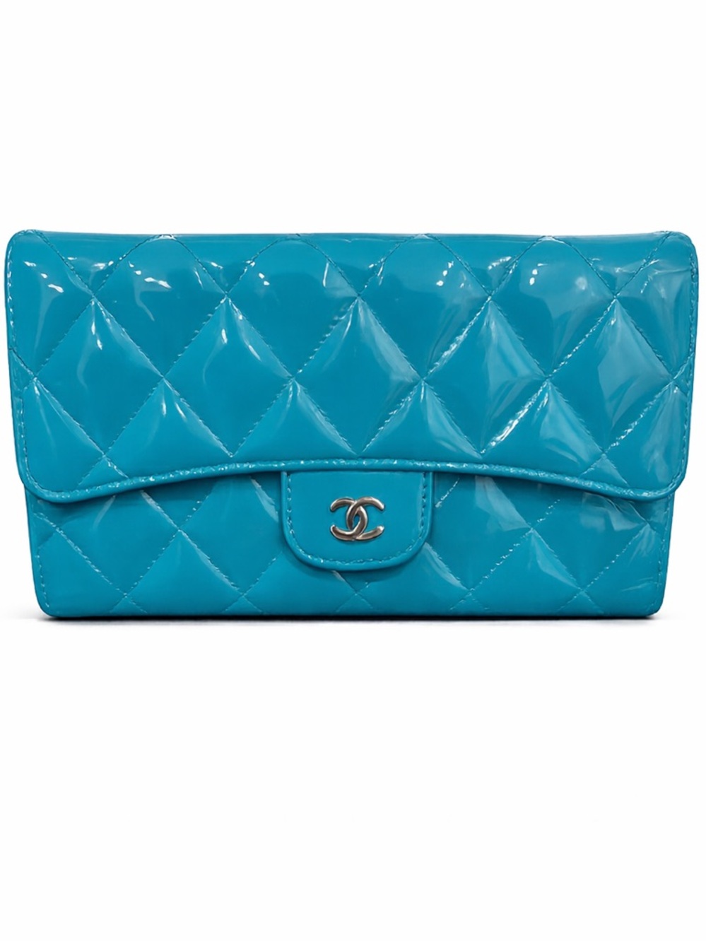 Pre-Owned CHANEL Turquoise Quilted Patent Leather Wallet